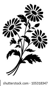 Bouquet of chamomile flowers, black silhouettes on white background. Vector illustration