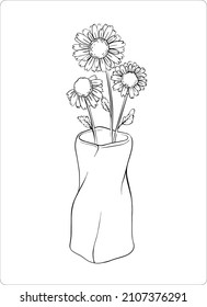A bouquet of chamomile flowers in a fashionable interior vase. Vector. Daisies are made with contour lines on a separate transparent background. Romantic festive spring bouquet.