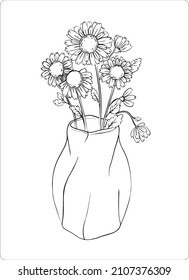 A bouquet of chamomile flowers in a fashionable interior vase. Vector. Daisies are made with contour lines on a separate transparent background. Romantic festive spring bouquet.