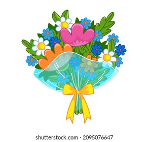 A bouquet of chamomile flowers, pink tulips and blue hydrangeas in transparent packaging and with a bow. Vector illustration with outline in cartoon style. Isolated cute clipart for valentine's day