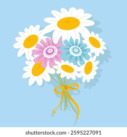 Bouquet of chamomile flowers, wildflower bouquet, spring, holiday, women's day, vector illustration.