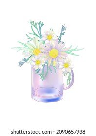 a bouquet of chamomile in a Glass mug