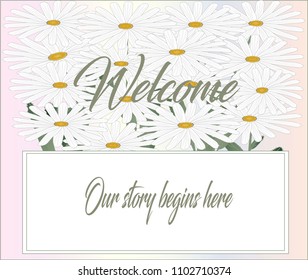Bouquet of chamomiles on a pink background with a place for text. Calligraphic Typical Wedding Text. Vector illustration.
