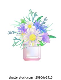 a bouquet of chicory and chamomile in a jar.