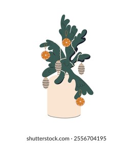 A bouquet of Christmas branches decorated with cones and slices of dried oranges. Eco-friendly festive winter decoration. Isolated on a white background. Flat vector illustration.