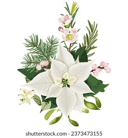 Bouquet with Christmas poinsettia, fir tree, mistletoe, snowberry, rosemary, and pink flowers and berries. Festive decoration, cozy design. Stock vector illustration.