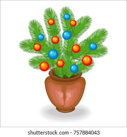 Bouquet of Christmas tree branches. Traditional symbol of the New Year. Creates a festive mood. Decorated with bright toys, balls. Vector illustration.