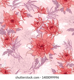 Bouquet of chrysanthemums and bamboo. Florist seamless pattern