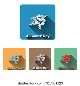 A bouquet of chrysanthemums with a long shadow in a rounded rectangle. All Saints Day symbol