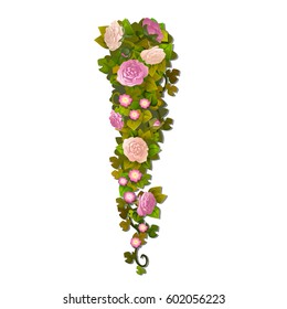 A bouquet of climbing plants. Hanging rose flowers isolated on white background. Vector cartoon close-up illustration.
