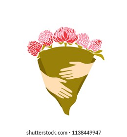Bouquet of clover in the hands. Vector illustration.