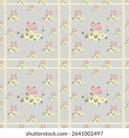 Bouquet collection seamless fabric vector pattern.Pink flower bouquet in yellow illustration ideal for fabric prints,rugs,and home decor.seamless floral design.
