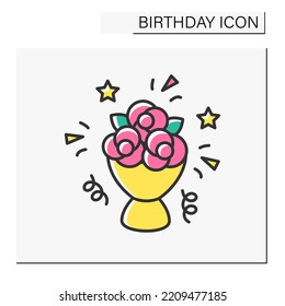 Bouquet color icon. Beautiful flowers for birthday celebrations. Party. Birthday concept. Isolated vector illustration