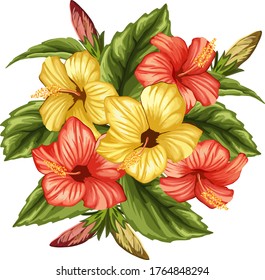 Bouquet of colored Chinese roses.Vector bouquet of red and yellow Chinese roses.