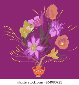Bouquet of colored flowers, tulips, branches, leaves. Hand drawn.