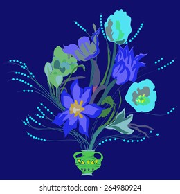 Bouquet of colored flowers, tulips, branches, leaves. Hand drawn.