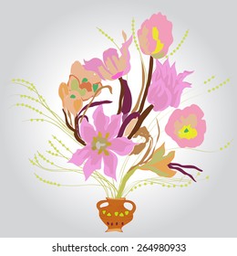 Bouquet of colored flowers, tulips, branches, leaves. Hand drawn.