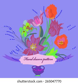 Bouquet of colored flowers, tulips, branches, leaves, label. Hand drawn.