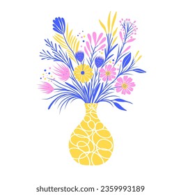 Bouquet of colored flowers in a yellow vase.