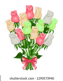 Bouquet of colored roses with red bow. Vector realistic 3D illustration, isolated. Holiday design.