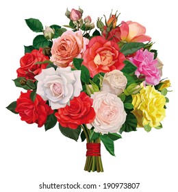 bouquet of colored roses, tied with a red ribbon