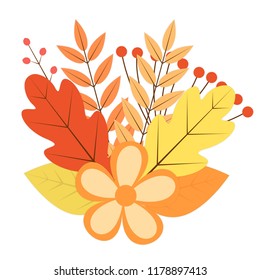 Bouquet of colorful autumn leaves. berries and flowers. Fall theme vector illustration. Thanksgiving day greeting card or invitation. Easy to edit design template for your artworks.