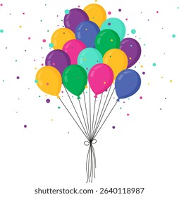 Bouquet of colorful balloons surrounded by festive party favors