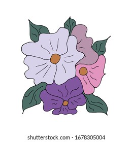 Bouquet of colorful bright spring flowers. Floral composition illustration isolated on white background. Template banner, card, invitation, tattoo, design element.