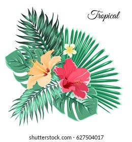 Bouquet of colorful exotic flowers and green tropical jungle leaves. Bright hibiscus plumeria bloom blossom composition arrangement. Isolated editable floral foliage element on white background.