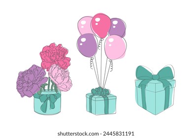 A bouquet of colorful flowers and balloons arranged in a vase with a gift box. The flowers are in full bloom, complemented by the vibrant balloons adding a festive touch to the arrangement