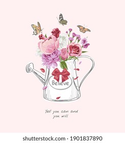 bouquet of colorful flowers in hand drawn watering can illustration