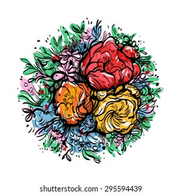 bouquet of colorful flowers on a white background, peony, buttercup, ranunculus, poppy/ vector illustration
