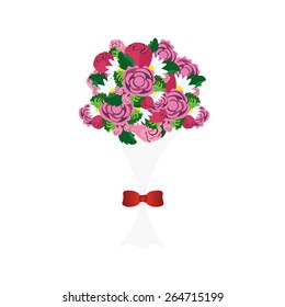 Bouquet of colorful flowers with red ribbon, vector image