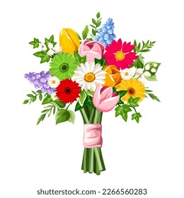 Bouquet of colorful flowers (tulips, gerberas, hyacinth flowers, and lily of the valley flowers) isolated on a white background. Vector illustration