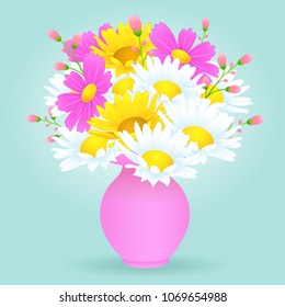 Bouquet of colorful flowers in the vase, vector drawing. Bright meadow buds yellow and white chamomile and pink flowers in pastel pink vase isolated on turquoise background. Vector illustration