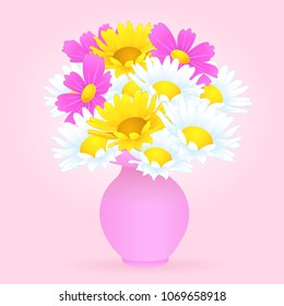 Bouquet of colorful flowers in the vase, vector drawing. Bright meadow buds yellow and white chamomile and pink flowers in pastel pink vase isolated on light pink background. Vector illustration