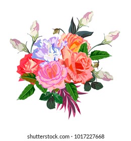 Bouquet of colorful roses. Decor elements for greeting cards, wedding invitations, birthday and other celebrations. Isolated on white background.