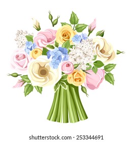 Bouquet of colorful roses, lisianthus and lilac flowers. Vector illustration.