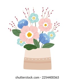 Bouquet of colorful spring flowers in pastel colors in a modern vase.Hand drawn illustration.