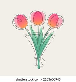 Bouquet Of Colorful Stylized Tulips With Line Art. Vector Clipart For Your Spring And Summer Projects.