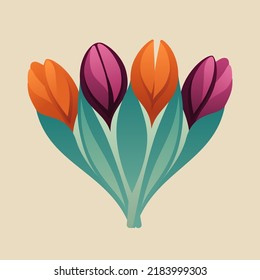 Bouquet Of Colorful Stylized Tulips. Orange And Purple. Vector Clipart For Your Spring And Summer Projects.