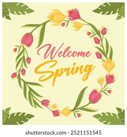 Bouquet with colorful tulips. Circle frame with summer flowers. Spring Flourishing concept. Flat vector illustration.