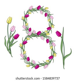 Bouquet of colorful tulips isolated. Yellow, pink, red with green leaves. Art vector illustration. Figure eight. March 8. International Women's Day, happy Easter. Circle, garland, wreath. Spring 