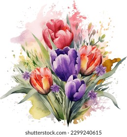 A bouquet of colorful tulips watercolor painting.