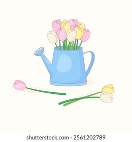 bouquet of colorful tulips in the watering can, vector illustration