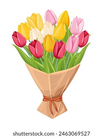 Bouquet of colorful tulips wrapped in paper. Vector illustration.