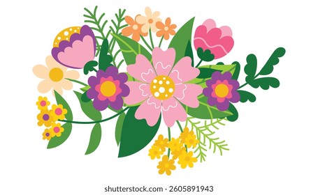 Bouquet composition of different spring and summer flowers isolated on white. Modern clip art for poster, postcard, banner, card and etc. Womens Day, Mothers Day.