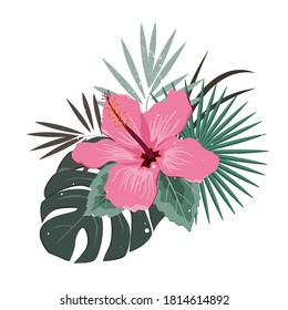 Bouquet composition with pink hibiscus flower and palm leaves, flat vector illustration. Tropical exotic Hawaii plants isolated on white, pastel palette.