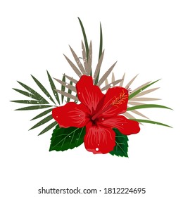 Bouquet composition with red hibiscus flower and palm leaves, flat vector illustration. Tropical exotic Hawaii plants isolated on white.