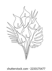 Bouquet von durchgehenden Linie genannt Lilienblumen. Konzept der Einzeilenzeichnung. Vektorgrafik einzeln auf weißem Hintergrund. Tropisches Design für T-Shirts, Poster oder Karten.